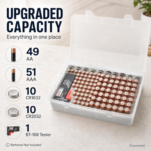 Xuerdon 120-Slot Battery Organizer Case with Tester for AA AAA & Coin Cells - color: white with Tester