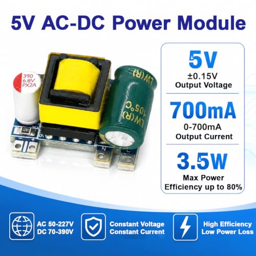 5 pcs AC-DC 5V 700mA 3.5W Buck Module Isolated Switching Power Supply Module Buck Regulator 220V to 5V Converter with red and Black Cable