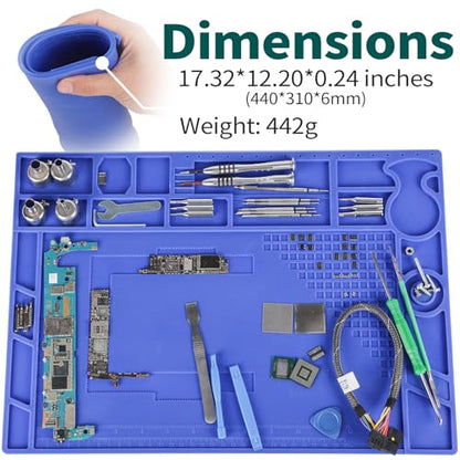 YIHUA M170 Heat-resistant Soldering Mat with Multiple Storage Slots, Built-in Ruler, Magnetic Zones, PCB Slot, Bendable Soft Silicone Soldering Mat, Dimensions 17.32*12.20*0.24 inches (440*310*6mm) - size: 17.32 in × 12.20 in