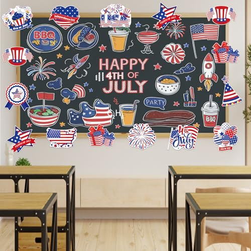 48Pcs 4th of July Cut-Outs, Red White Blue Patriotic Theme Party Cutouts Cartoon USA Flag Stars Firework Paper Cutouts for Independence Day Home School Classroom Office Bulletin Board Wall Decor - style: 4th of July