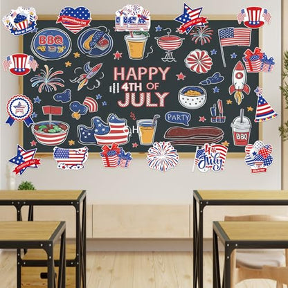 48Pcs 4th of July Cut-Outs, Red White Blue Patriotic Theme Party Cutouts Cartoon USA Flag Stars Firework Paper Cutouts for Independence Day Home School Classroom Office Bulletin Board Wall Decor - style: 4th of July