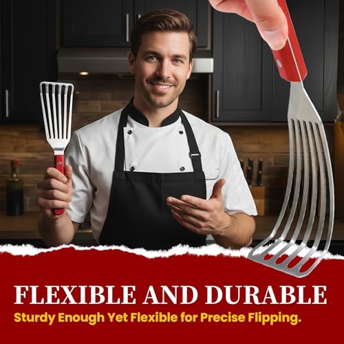 GRILLGEN Fish Spatula Stainless Steel -12.4" Metal Slotted Turner with Full Tang Red Handle, Ultra-Thin Flexible Fish Flipper for Cast Iron Skillet & Grilling, Flipping Eggs & Pancakes, Heavy Duty