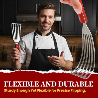 GRILLGEN Fish Spatula Stainless Steel -12.4" Metal Slotted Turner with Full Tang Red Handle, Ultra-Thin Flexible Fish Flipper for Cast Iron Skillet & Grilling, Flipping Eggs & Pancakes, Heavy Duty