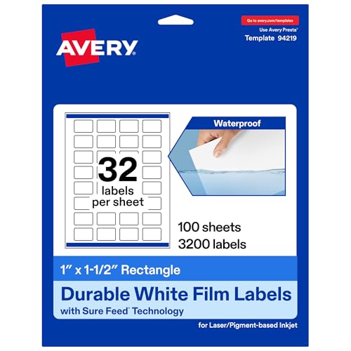 Avery® Printable Durable White Rectangle Labels, Sure Feed® Technology, 1" x 1.5", Print-to-the-Edge, Waterproof Labels, Laser & Pigment-Based Inkjet Compatible, 3200 Total - style: 3,200 labels