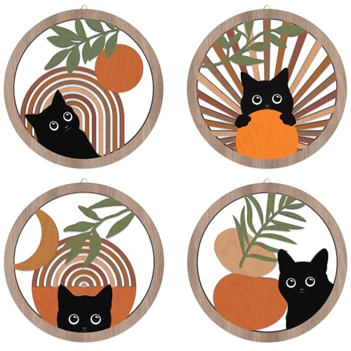 HPNIUB Boho Black Cat Wall Decor, Farmhouse Geometric Hanging Wooden Wall Art, 4 Pieces 10''x10'' Mid Century Bohemian Abstract Moon and Sun Wood Sign for Nursery Bedroom Decoration, Lovely Cat Gifts - color: Cat style A