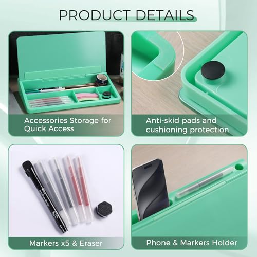 TOWON Compact Glass Desktop Whiteboard with Storage 12x7 in, Mint Green - color: Mint