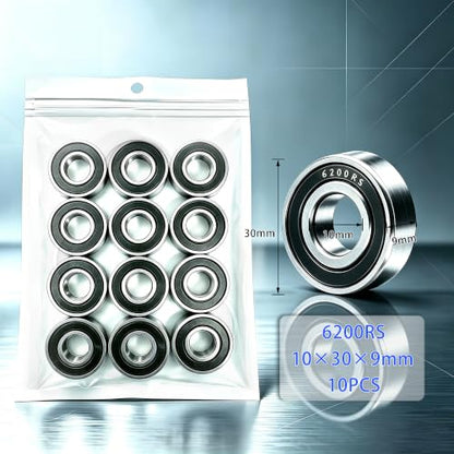 10 PCS 6200-2RS Deep-Groove Ball Bearings, 10x30x9mm-Double Seal Bearings - size: 6200-2RS-10PCS
