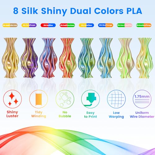 MIKA3D 3D Printing Dual Color in 1 Silk PLA Filament 8 Spools Bundle, 1.75mm Dual Color Shiny Coextrusion PLA Filament, 8 Most Popular Dual Color in 1 PLA Mixed, 0.25kg/Spool, Total 2kg - color: Silk Black Purple; Purple Gold, Gold Red, Black White, Black
