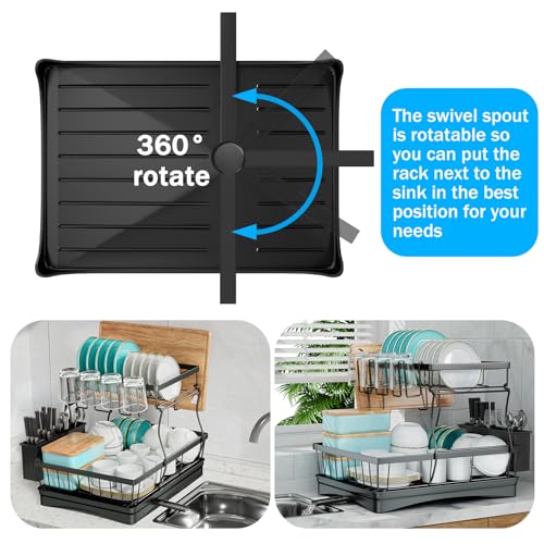 7 code 2-Tier Large Dish Drying Rack for Kitchen Counter, Black - color: Black