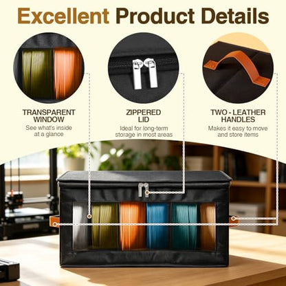 2 Pack Foldable Filament Storage Box, 3D Printer Filament Containers with Transparent Window, Desiccants & Labels, Holds 12 Rolls, Water-Resistant Organizer for Home Office Workshop Studio