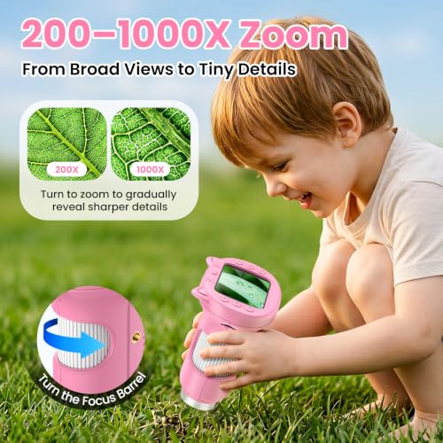 Alotwan Kids Microscope Handheld Digital 1000X, Miniscope for Girls Age 3-8 - color: Pink