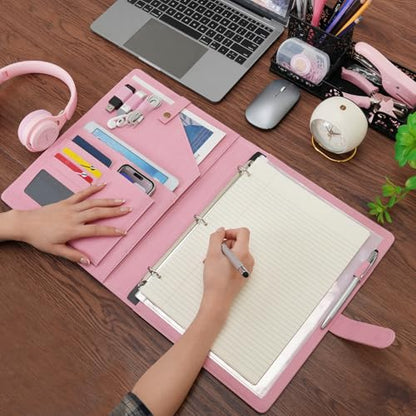 Wonderpool A4 PU Leather Portfolio Holder Ring File Document Case with Removable Binder Clipboard, Multi Pocket and Legal Pad for Business Organizer Interview and Meeting (Pink) - color: Pink