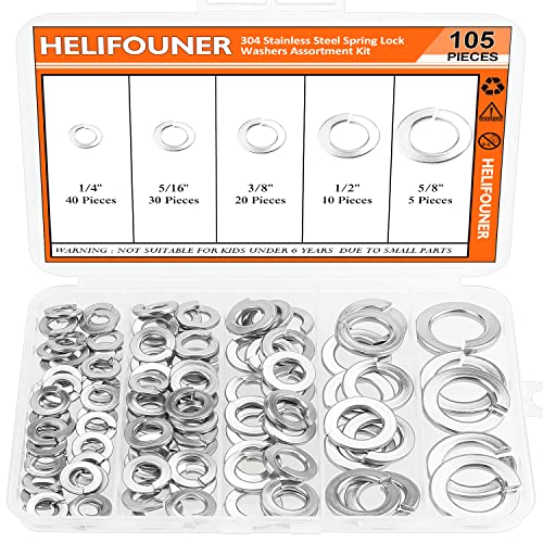HELIFOUNER 105 Pieces 5 Sizes Stainless Steel Split Lock Washers, Spring Lock Washers Assortment Kit, 1/4" 5/16" 3/8" 1/2" 5/8" - size: 1/4"-5/8" Assortment Kit (105 PCS)