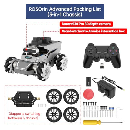 HIWONDER ROS2 Robot Car for Jetson RPi Gemini ChatGPT Large AI Models Depth Camera SLAM Mapping Autonomous Driving Programming Education 3-in-1 Chassis Car, ROSOrin Advanced Kit & NO Controller