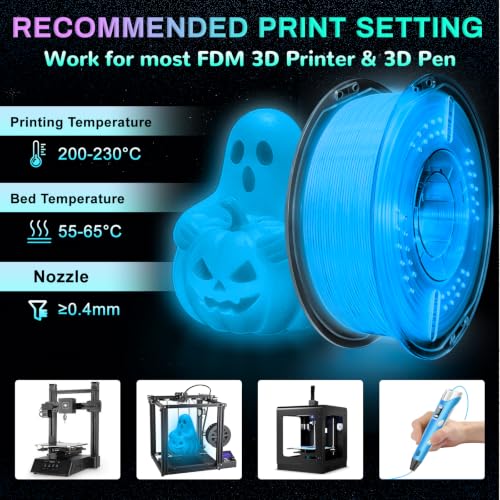 PLA+ 3D Printer Filament, Glow in The Dark Filament 1.75mm, Long-Lasting Glow & High-Brightness, Luminous Blue Bright 3D Printing Filament for Most 3D Printer - 1kg Spool(Glow Blue) - color: Blue