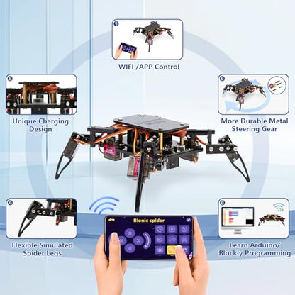 ACEBOTT STEM Robotics Science Kits for Adults, ESP8266 Spider Robot Building Kit, App Remote Control, Walking Crawling Fun Educational Toy for 12 + Year Old Boys, Girls, Teens, Adults Unique Gifts - color: Black