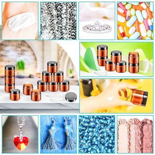 16 Pack 2oz Amber Plastic Jars, 60ml Empty Small Round Cosmetic Jars Refillable Makeup Containers Leakproof Travel Cosmetic Containers with Black Lids for Sample Cream Lotion Powder Ointment - color: Amber, size: 2oz