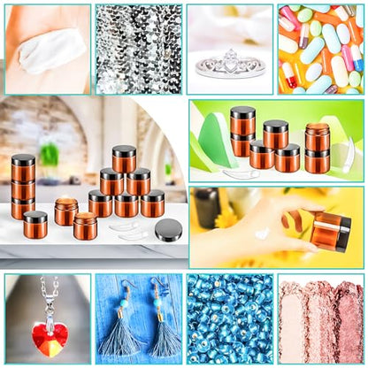 16 Pack 2oz Amber Plastic Jars, 60ml Empty Small Round Cosmetic Jars Refillable Makeup Containers Leakproof Travel Cosmetic Containers with Black Lids for Sample Cream Lotion Powder Ointment - color: Amber, size: 2oz