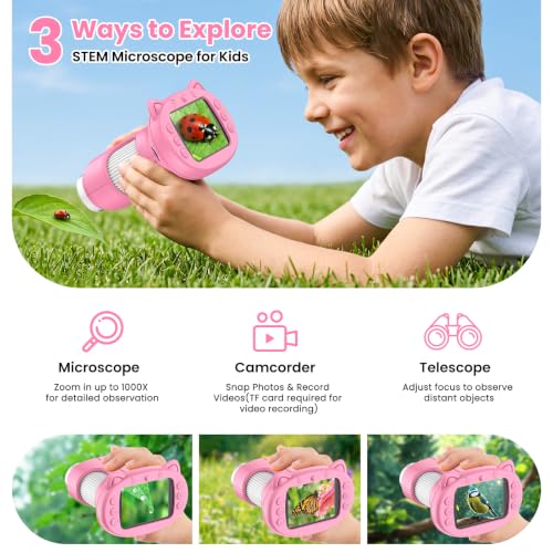 Alotwan Kids Microscope Handheld Digital 1000X, Miniscope for Girls Age 3-8 - color: Pink