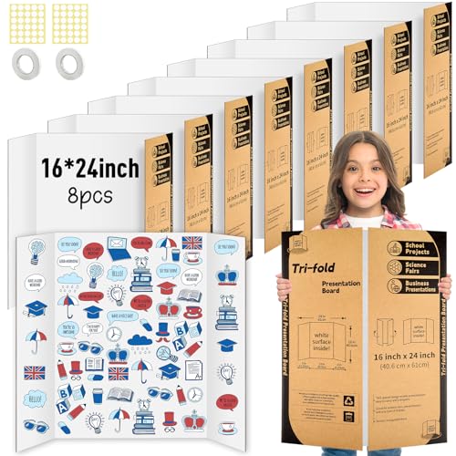 IKAYAS 8 Pack Trifold Poster Board 24" X 16" White Science Display Board