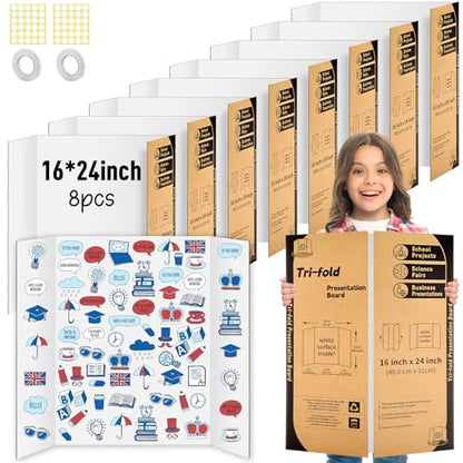 IKAYAS 8 Pack Trifold Poster Board 24" X 16" White Science Display Board