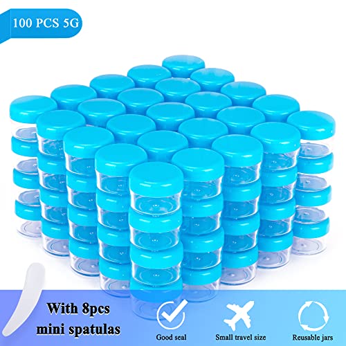 100PCS 5 Gram Sample Containers, 5ml Empty Jars with Lids, Small Cosmetic Containers, Mini Sample Jars with 8PCS Mini Spatulas for Make Up, Oils, Lotion, Powder, Paint, Jewelry, Lip Balms(Blue Lid) - color: Blue, size: 100 Count