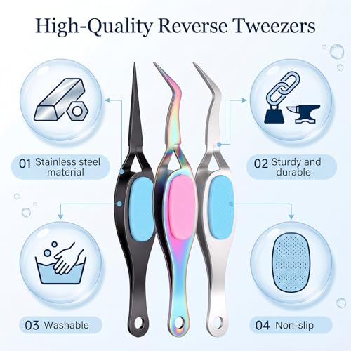 3 PCS Reverse Tweezers for Crafting, Precision Reverse Tweezers with Soft Grip Crossing Lock Stainless Steel Precision Tweezer Set Fine Point and Curved/Straight Tips for Stickers, Jewelry Repair