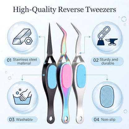 3 PCS Reverse Tweezers for Crafting, Precision Reverse Tweezers with Soft Grip Crossing Lock Stainless Steel Precision Tweezer Set Fine Point and Curved/Straight Tips for Stickers, Jewelry Repair