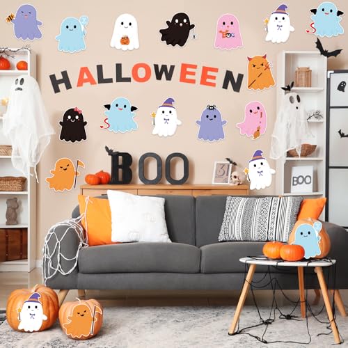 48Pcs Halloween Ghost Cutouts, Cute Ghost Paper Cut Outs Halloween Cutouts Bulletin Board Decor for Trick or Treat Home Office Classroom Chalkboard Window Wall Door Decor - style: Halloween Ghost