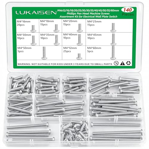 140 Pcs M4 Phillips Pan Head Long Machine Screws Kit, 304 SS - size: 140Pcs M4*12/16/18/20/25/30/35/40/45/50/55/60mm