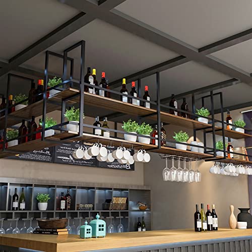 Ceiling Wine Glass Rack with Glass Holder, 47.2in 2-Tier Hanging Bar Shelf - color: Black, size: 47.2×11.8×31.4in
