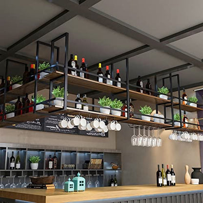 Ceiling Wine Glass Rack with Glass Holder, 39.3in 2-Tier Hanging Bar Shelf - color: Black, size: 39.3×11.8×31.4in