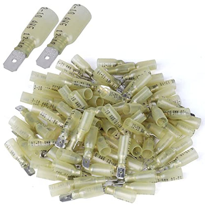 100 PCS 12-10 AWG Waterproof Heat Shrink Quick Disconnect Connectors, Crimp Electrical Wire Male Spade Connectors Insulated Disconnect for Marine Automotive Motorcycle Home Wiring (Yellow) - size: [12-10 AWG] Male x 100
