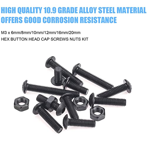 DYWISHKEY 360 Pieces M3 x 6mm/8mm/10mm/12mm/16mm/20mm, 10.9 Grade Alloy Steel Hex Button Head Cap Bolts Screws Nuts Kit with Hex Wrench