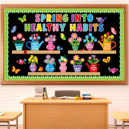 Spring Mental Health Awareness Bulletin Board Decorations Set Spring into Health Habits Theme Classroom Board Decor Flower Butterfly Bird Paper Cutouts for School Door Wall Chalkboard Party Supplies - style: Spring