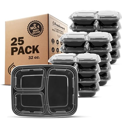 Freshware Meal Prep Containers [25 Pack] 3 Compartment with Lids, Food Storage Containers, Bento Box, Stackable, Microwave/Dishwasher Safe (32 oz) - size: 32OZ-25PK