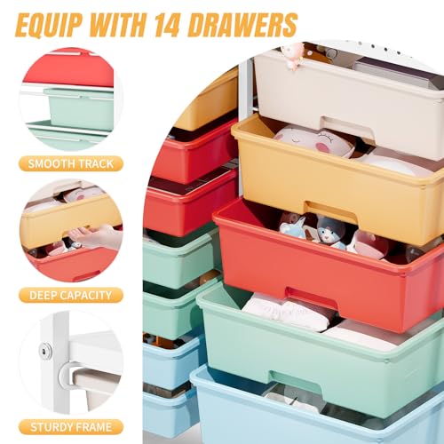 14 Drawer Rolling Storage Cart with Tabletop and Pegboard for Craft Color - color: Rainbow