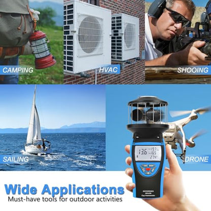 Handheld Cup Anemometer with Compass, 93MPH Digital Wind Speed Meter, CFM Air Flow Wind Velocity Measuring Device Gauges for Outdoor Sailing Surfing Drone Flying HVAC