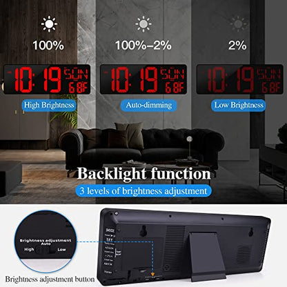 17.2"Large Digital Wall Clock Large Display with Remote Control 180°Visible - color: Red