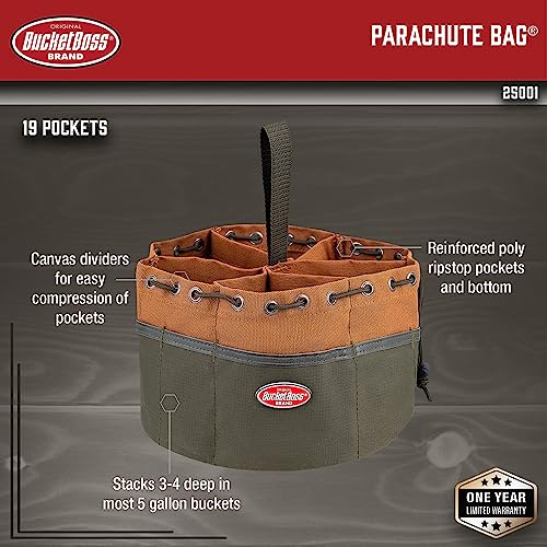 BucketBoss 25001 Canvas Organizer Parachute Bag with 19 Pockets for Nails,Screws, and Bolts in Brown