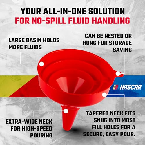 NASCAR Automotive Funnel Set – Oil, Gas & Fluid Funnels for Cars & Trucks, Durable, Lightweight, & Versatile, Includes 3 Sizes: Small, Medium, Large, Multi-Purpose Use for Oil Changes, Fuel, & More