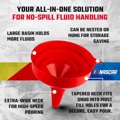 NASCAR Automotive Funnel Set – Oil, Gas & Fluid Funnels for Cars & Trucks, Durable, Lightweight, & Versatile, Includes 3 Sizes: Small, Medium, Large, Multi-Purpose Use for Oil Changes, Fuel, & More