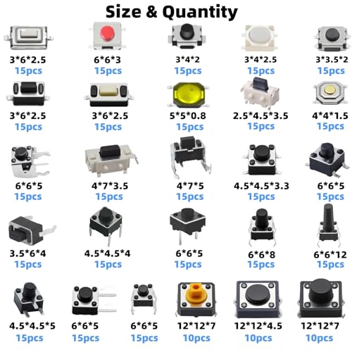 375PCS 26Values Micro Momentary Tactile Push Button Switch Assortment Kit 2 Pins/3 Pins/4 Pins Tact Pushbutton Switches Set - style: 375 PCS 26 Values
