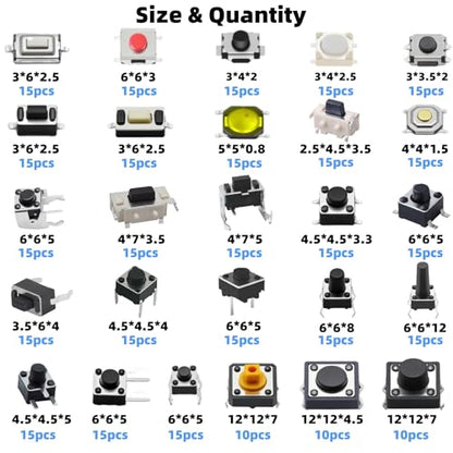 375PCS 26Values Micro Momentary Tactile Push Button Switch Assortment Kit 2 Pins/3 Pins/4 Pins Tact Pushbutton Switches Set - style: 375 PCS 26 Values