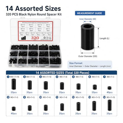 320 Pcs Electrical Outlet Screws Spacers, Black Nylon Round Spacer Assortment Kit, Plastic Spacers Without Threaded, Switch and Receptacle Spacer for Screws