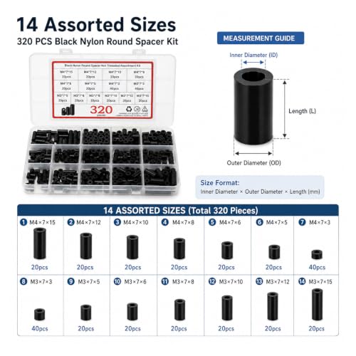 320 Pcs Electrical Outlet Screws Spacers, Black Nylon Round Spacer Assortment Kit, Plastic Spacers Without Threaded, Switch and Receptacle Spacer for Screws