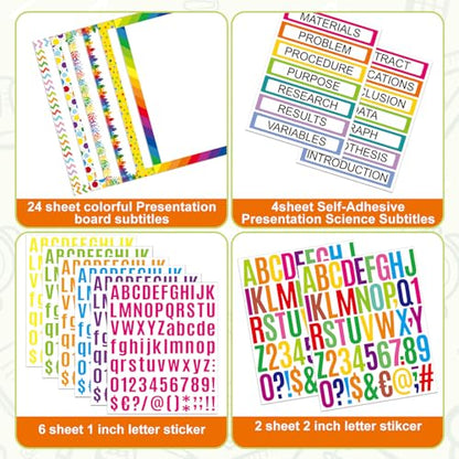 PerKoop 36 Sheets Science Fair Board Poster Boards Supplies 24 Self Adhesive Presentation Subtitles 4 Science Fair Project Titles 8 Personalized Letter Sticker for Classroom(Rainbow Color) - color: Rainbow Color