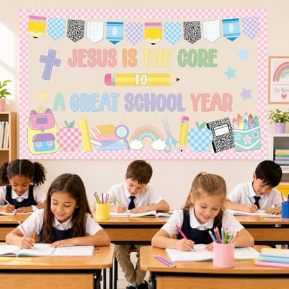 Pastel Christian Religious Bulletin Board Decorations Set Jesus is The Core to a Great School Year Classroom Decor Composition Paper Cutouts for Sunday School Home Wall Door Party Supplies - style: Pastel Christian