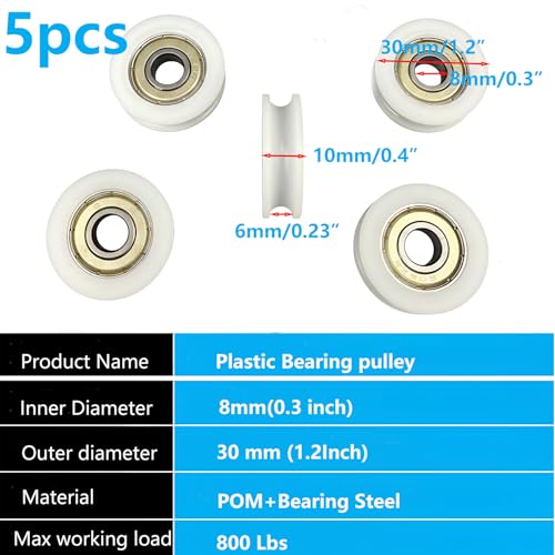 5PCS U-Groove Pulley Roller Wheels with Deep Groove Ball Bearings, 8x30x10mm Silent Nylon Guide Track Rollers for Sliding Doors, Windows, and Gym Cable Systems, Heavy Duty & Smooth Motion