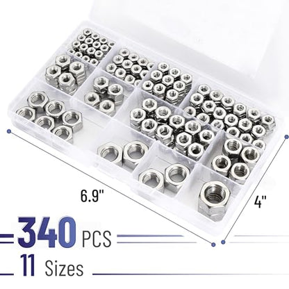 Bates- SAE Hex Nuts Assortment Kit, 11 Sizes, 340 pcs, Stainless Steel, 4#40 6#32 8#32 10#24 10#32 12#24 1/4"-20 5/16"-18 3/8"-16 1/2"-13, Hardware Nuts